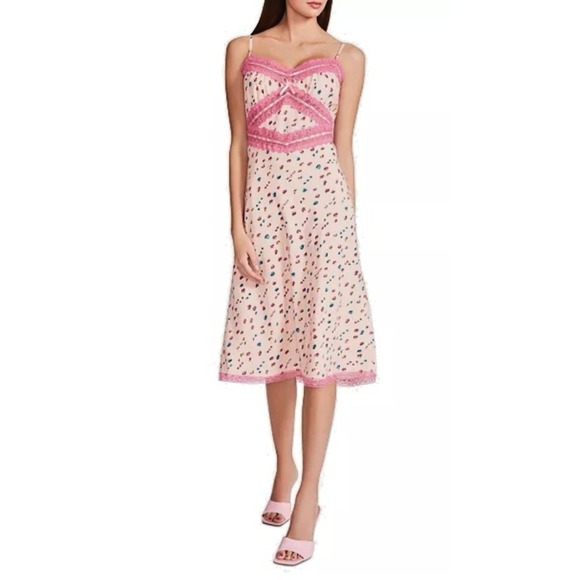 Betsey Johnson Women‎ Size 0 Satin Printed Lace Trim Midi Slip Dress Coral Cloud - Picture 1 of 14